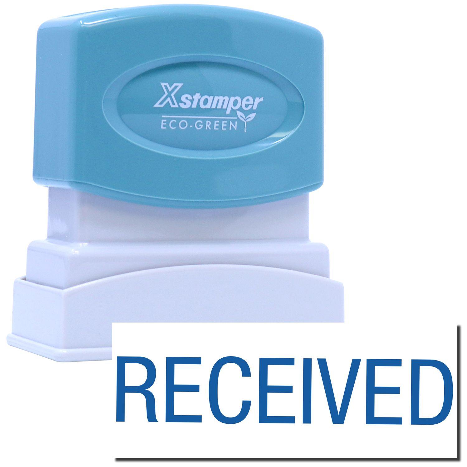 Dark Blue Received Xstamper Stamp with RECEIVED text in blue. Eco-friendly design with a blue top and white base.