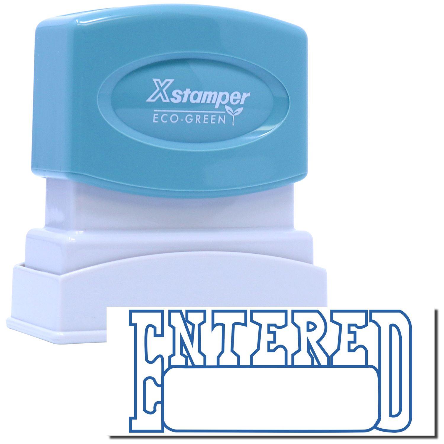 Date Entered Xstamper Stamp with blue casing and white base, showing the ENTERED imprint in blue with a blank space for date entry.