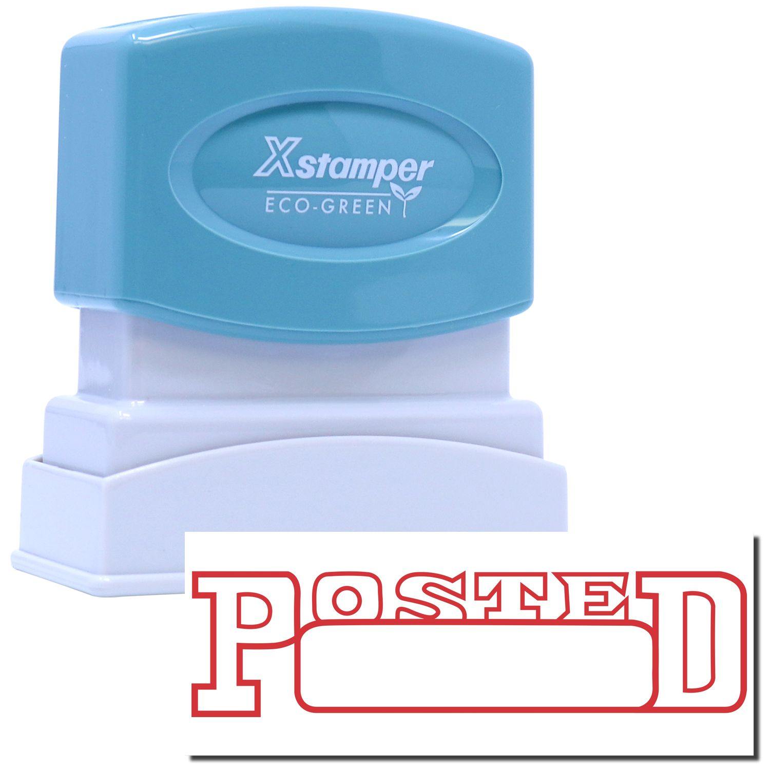 Date Posted Xstamper Stamp with a blue top and white base, showing a red POSTED imprint.
