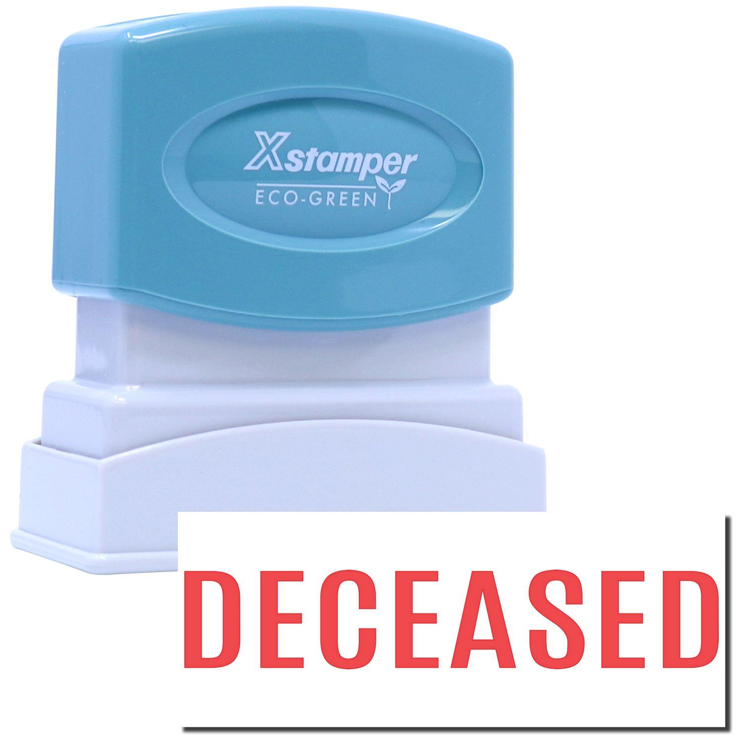 Deceased Xstamper Stamp with a blue handle and white base, imprinting the word DECEASED in red on a white background.
