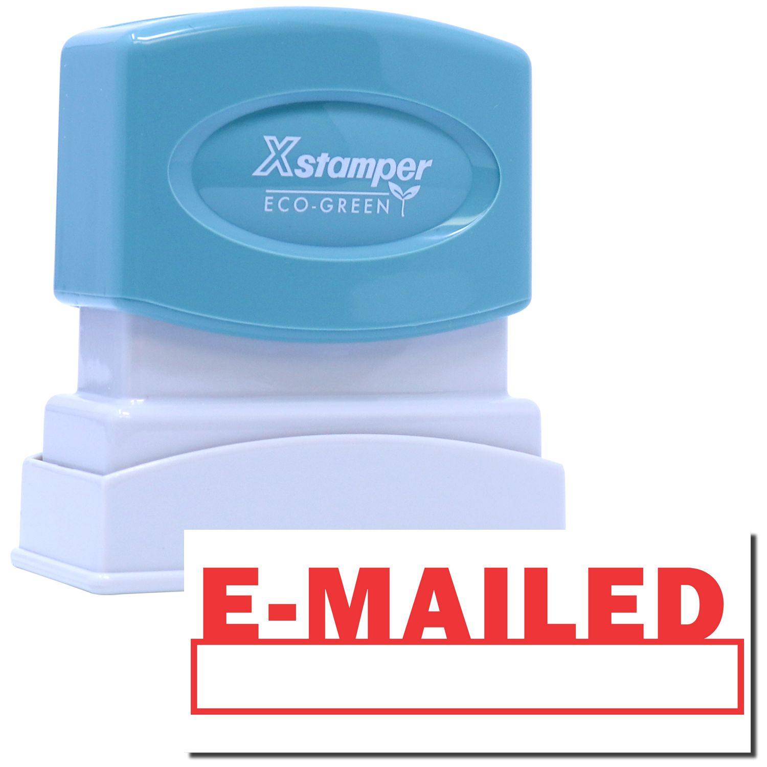 E-Mailed Xstamper Stamp with a blue handle and white base, showing a red E-MAILED imprint below. Eco-friendly design.