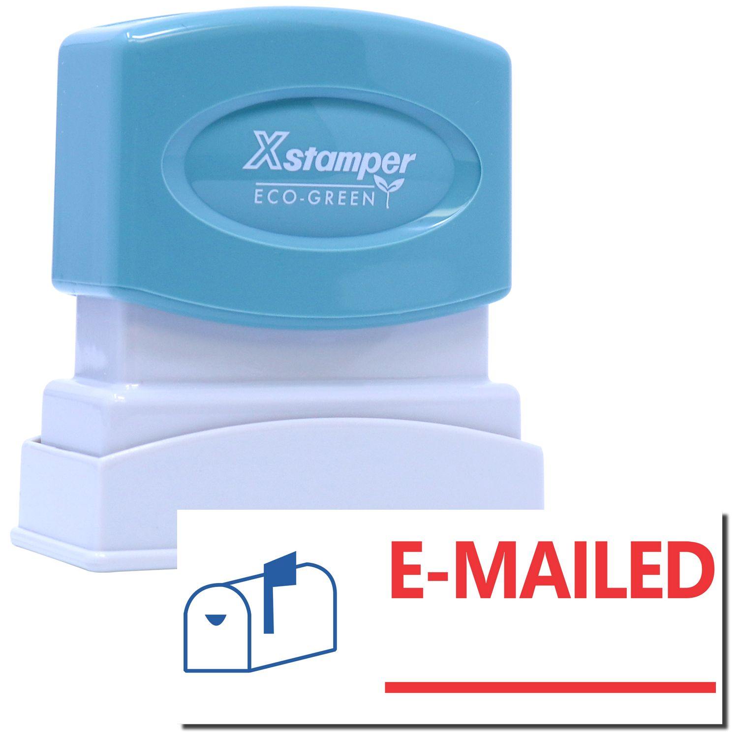Two-Color Emailed Xstamper Stamp with a blue top and white base, featuring a red E-MAILED imprint and a mailbox icon.