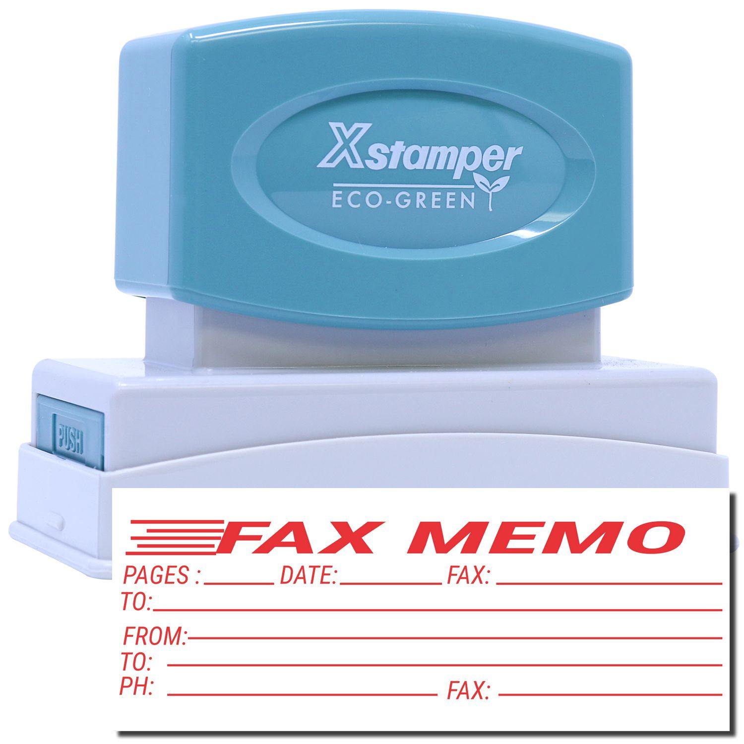 Jumbo Fax Memo Xstamper Stamp with blue top and white base, shown with a sample stamped fax memo form in red text.