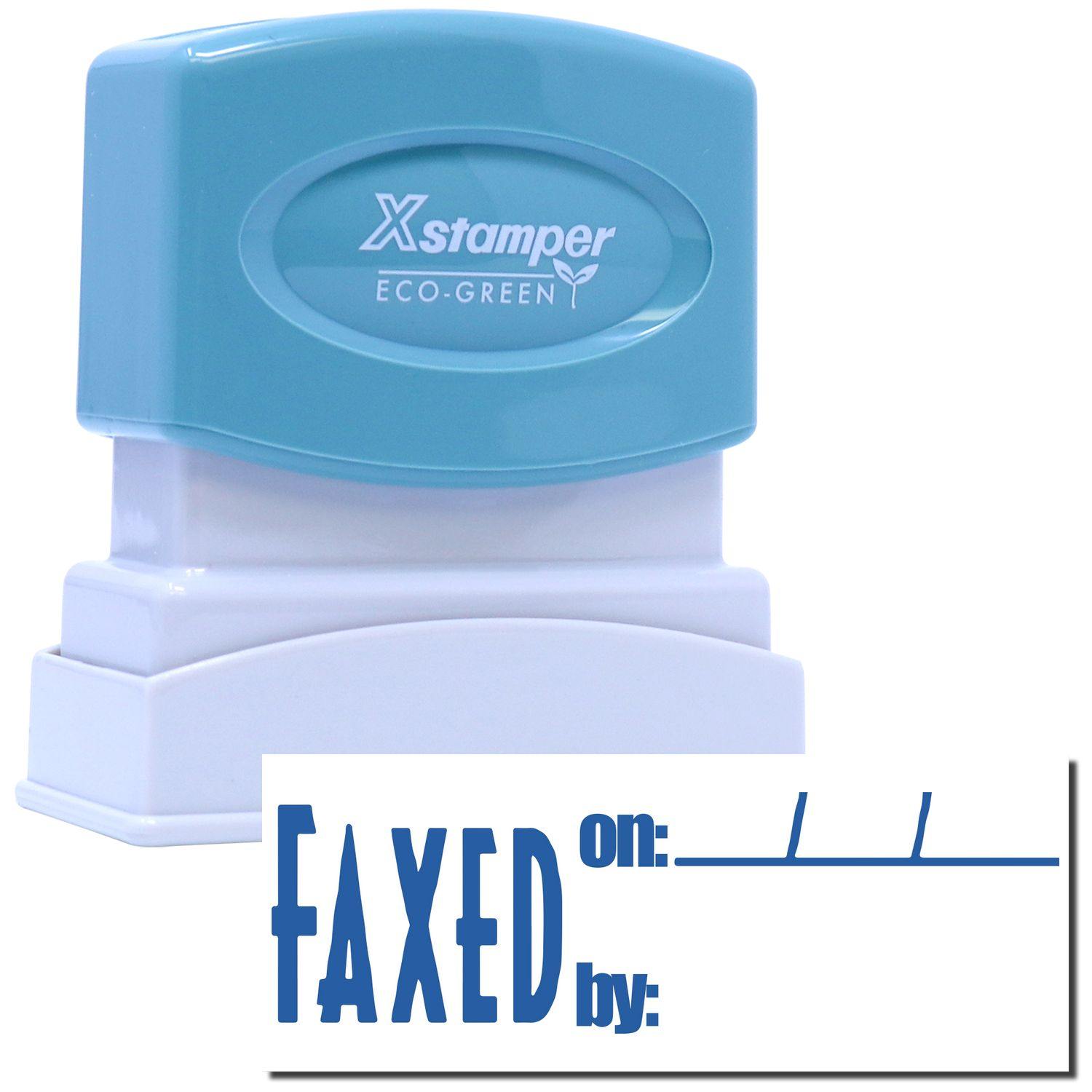 Blue and white Xstamper Eco-Green stamp with FAXED on: ___ by: ___ text imprint shown on a white background.