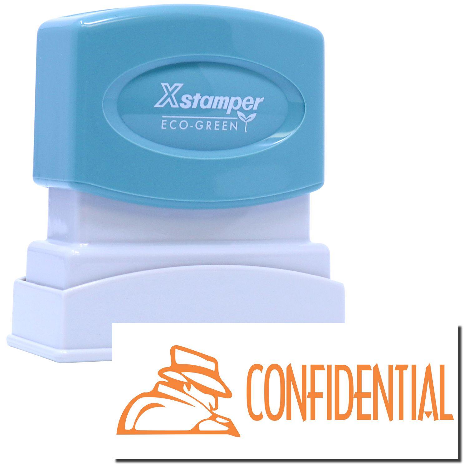 Figure Confidential Xstamper Stamp with a blue top and white base, featuring an orange CONFIDENTIAL imprint with a detective icon.