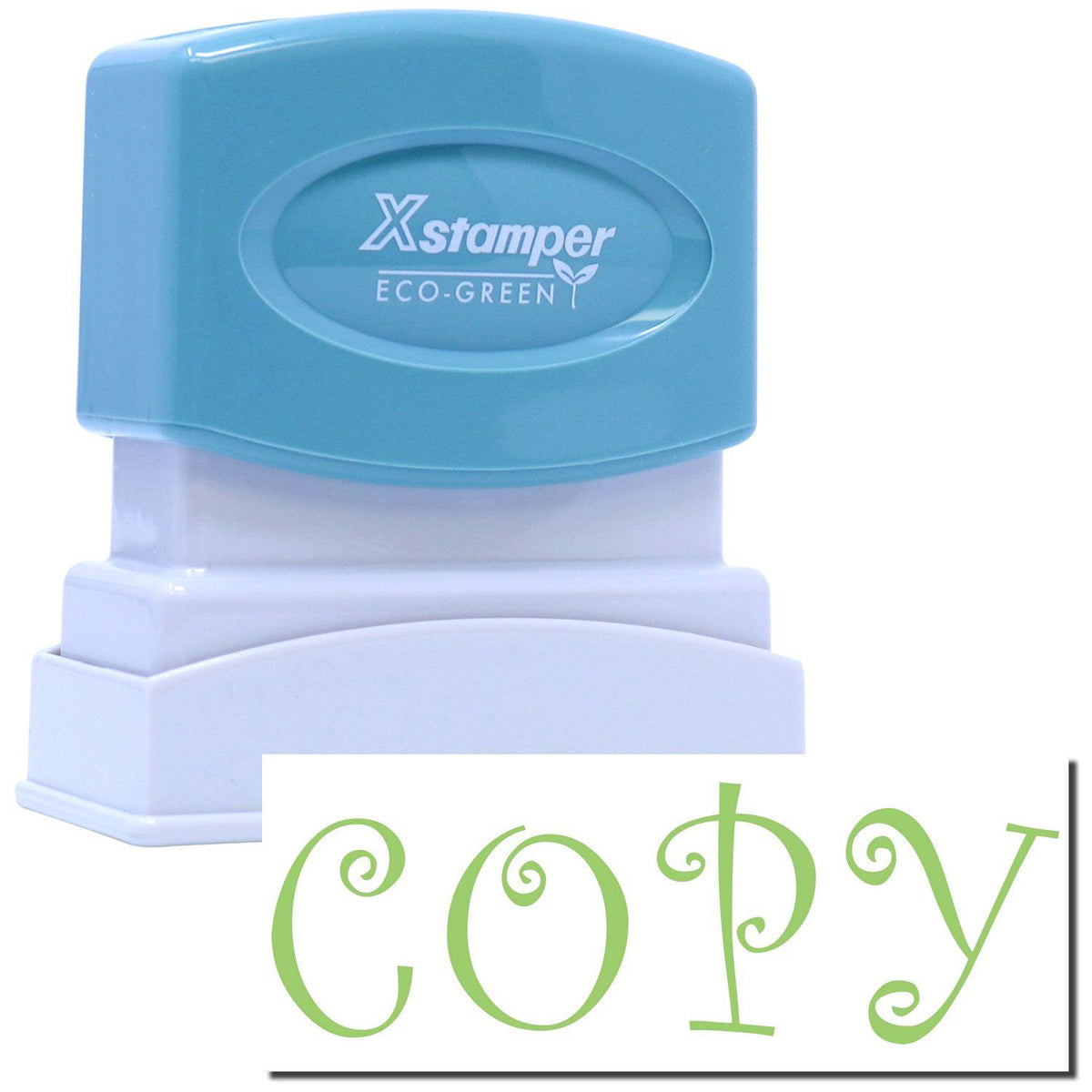 An xstamper stamp with a stamped image showing how the text &quot;COPY&quot; in a green color is displayed after stamping.