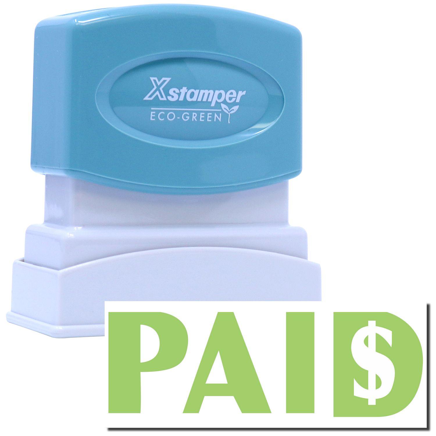 Green Paid Xstamper Stamp with a blue top and white base. The stamp imprint shows the word PAID in green with a dollar sign.