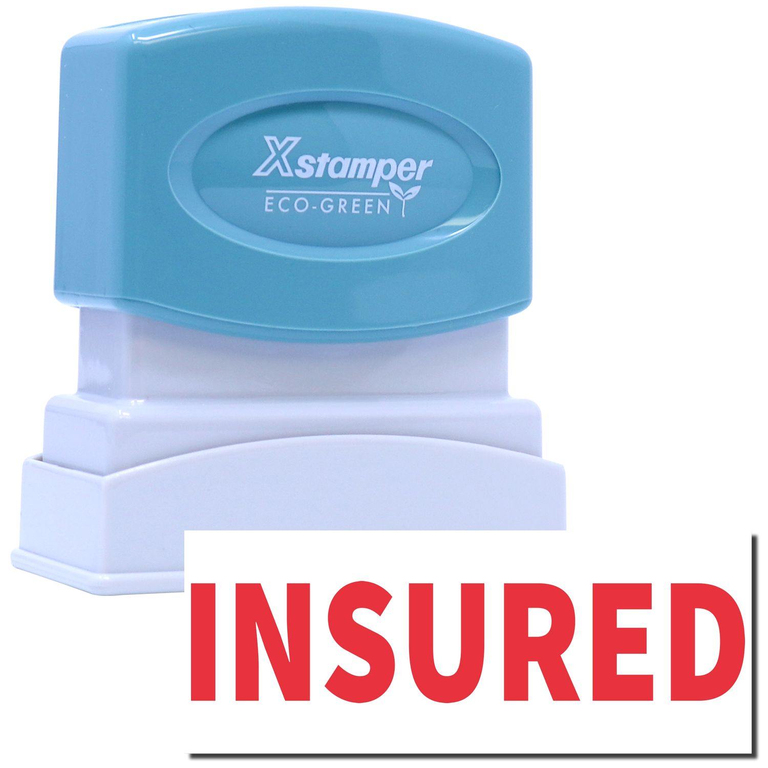 Insured Xstamper Stamp with a blue top and white base, featuring the word INSURED in bold red letters on a white background.