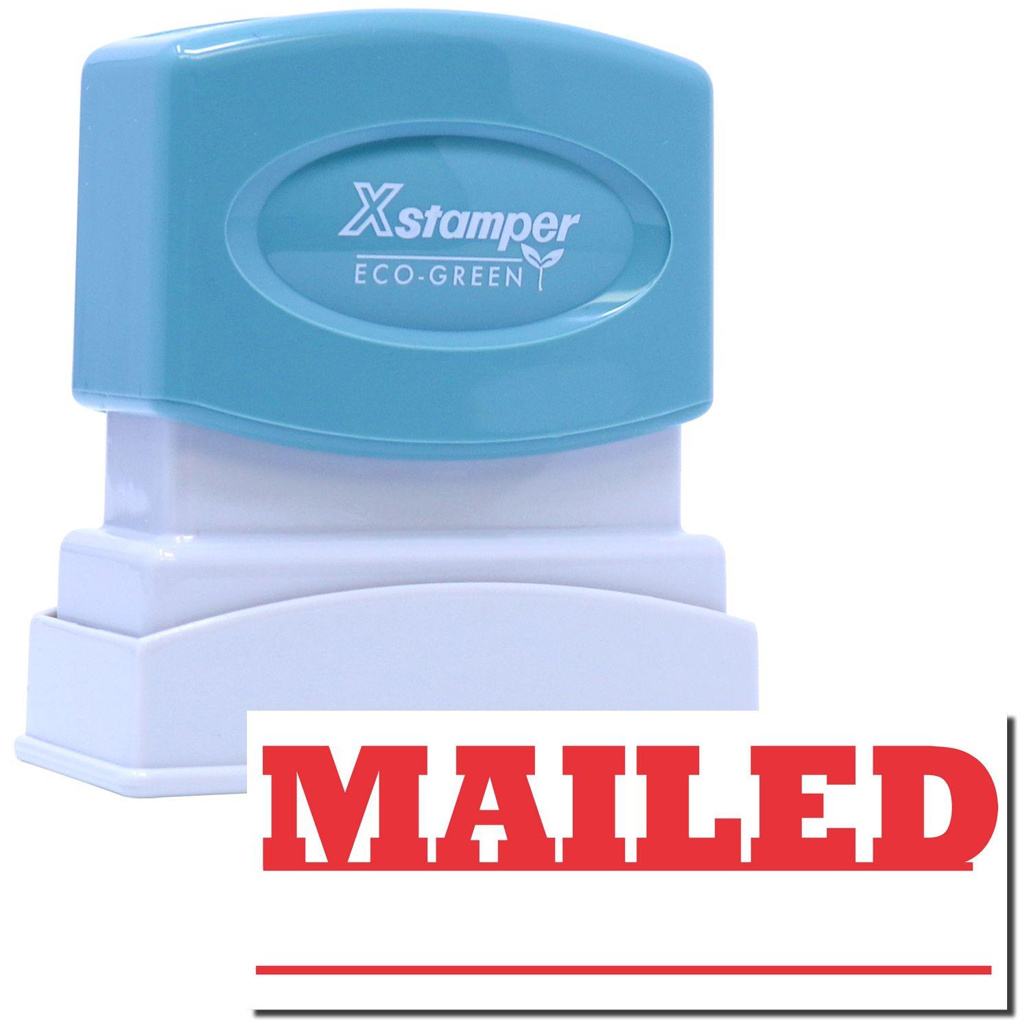 Mailed Xstamper Stamp with a turquoise top and white base, featuring the word MAILED in bold red letters on a white background.