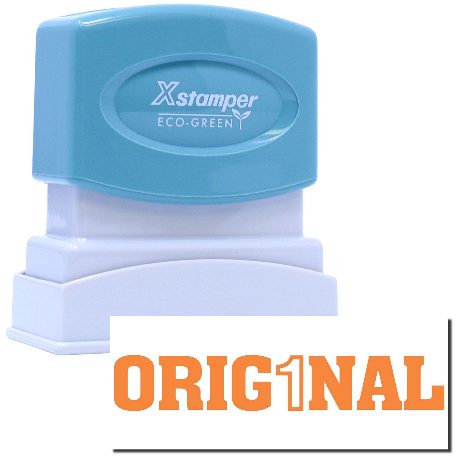 Orig1Nal Xstamper Stamp with a teal top and white base, featuring the Xstamper Eco-Green logo, and the text Orig1Nal in orange below.