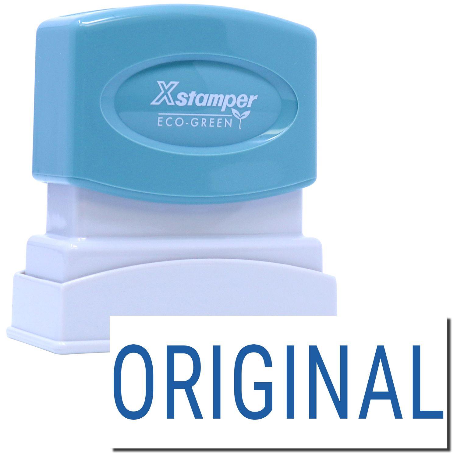 Blue and white Original Xstamper Stamp with ORIGINAL text in bold letters, featuring an eco-friendly design.