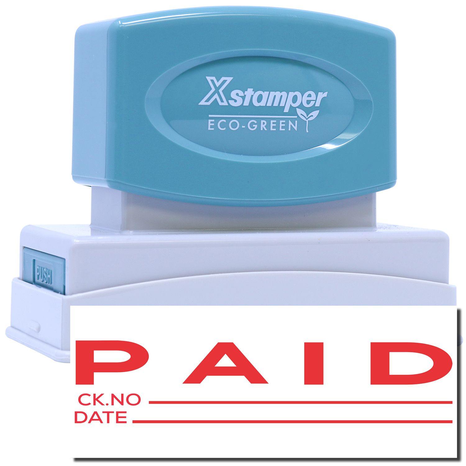Jumbo Paid Ck No.-Date Xstamper Stamp with blue handle and white base, featuring red PAID text with spaces for check number and date.