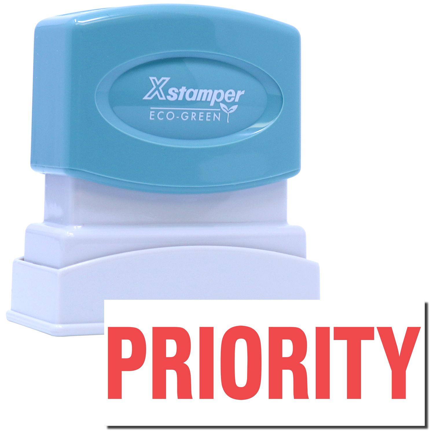 Priority Xstamper Stamp with a blue top and white base, featuring the word PRIORITY in bold red letters on a white background.