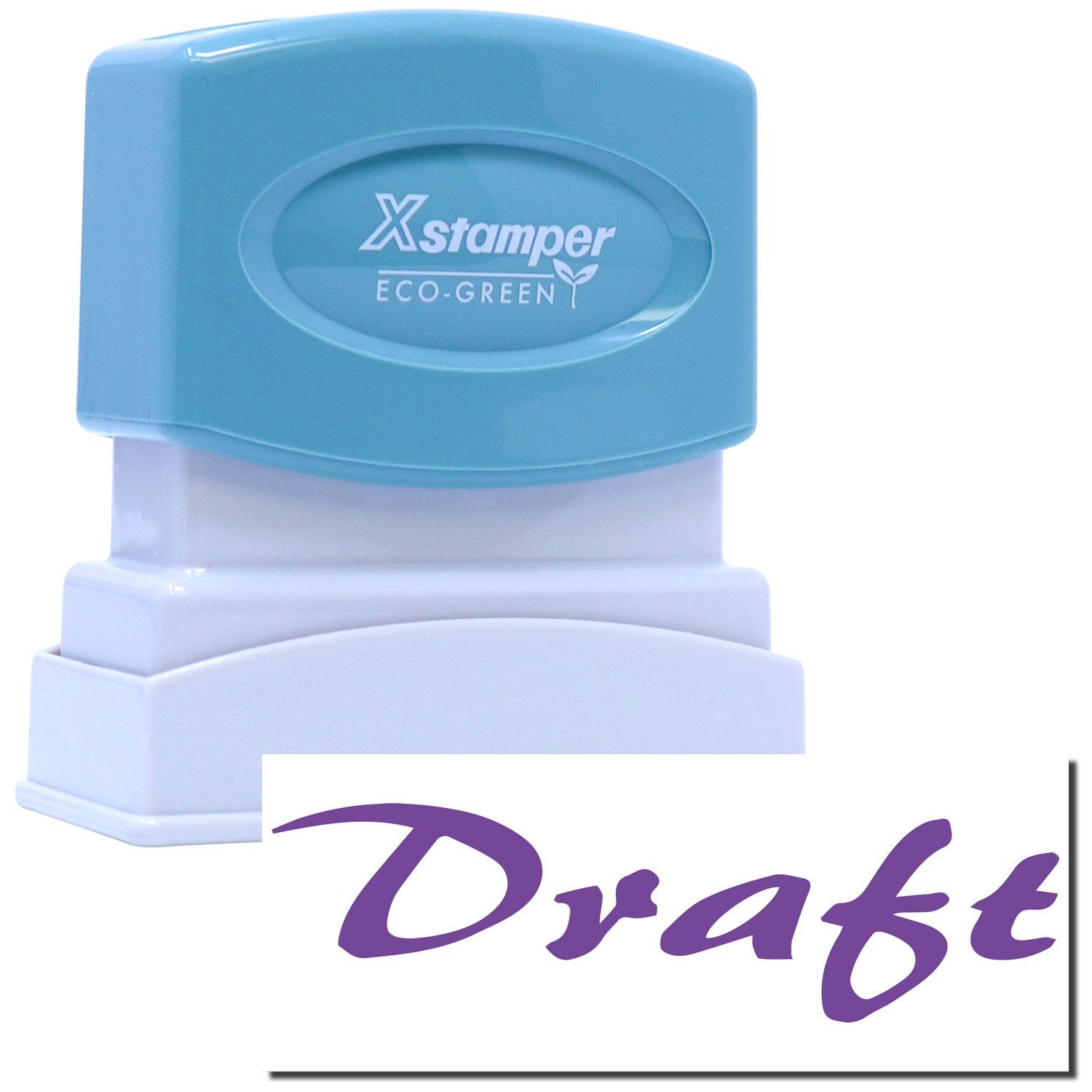 Purple Draft Xstamper Stamp with a teal handle and white base, showing the word Draft stamped in purple.