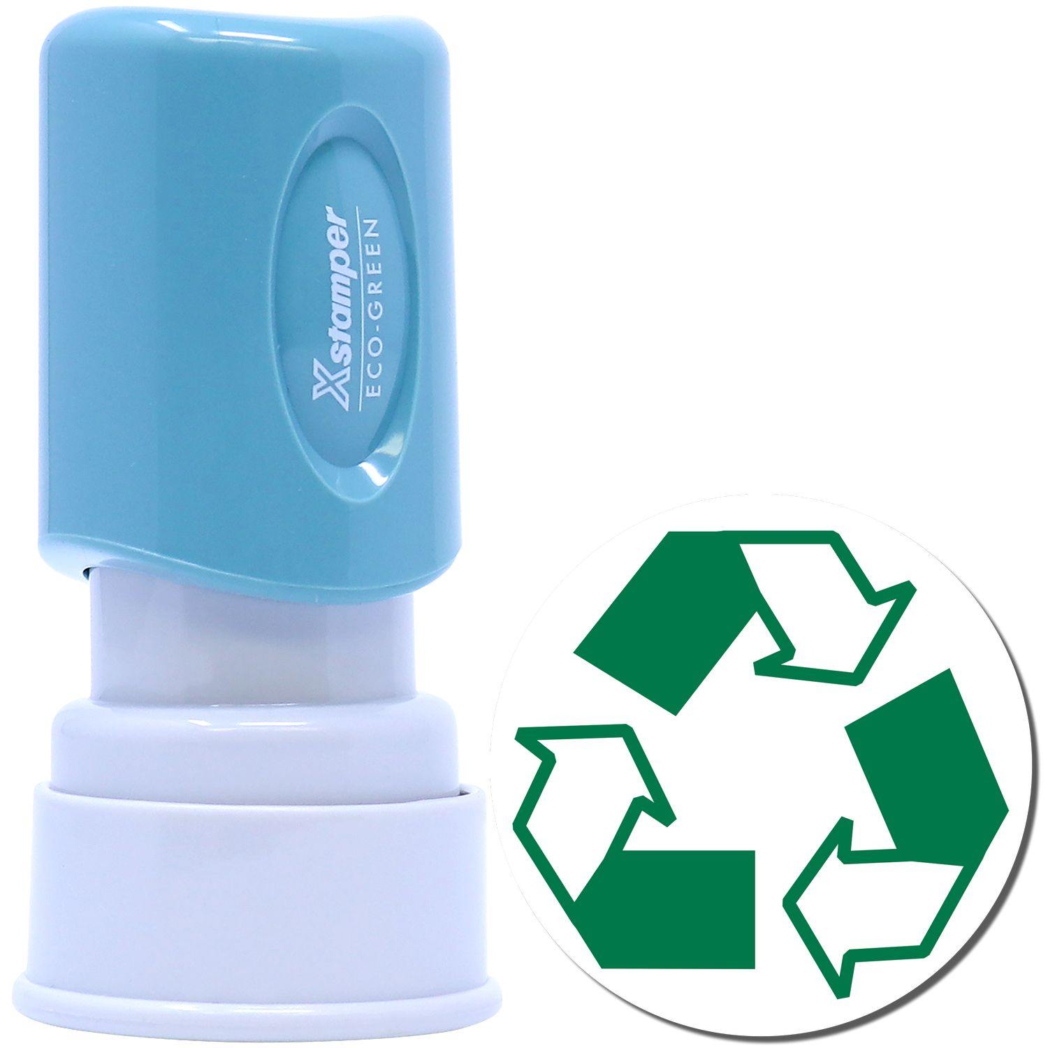 Round Recycle Logo Xstamper Stamp with a blue handle and white base, shown next to a green recycling symbol on a white background.