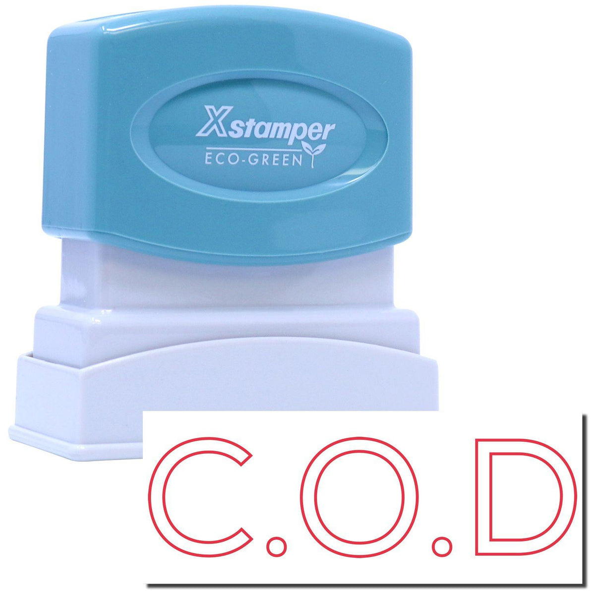 An xstamper stamp with a stamped image showing how the text &quot;C.O.D&quot; in an outline font is displayed after stamping.
