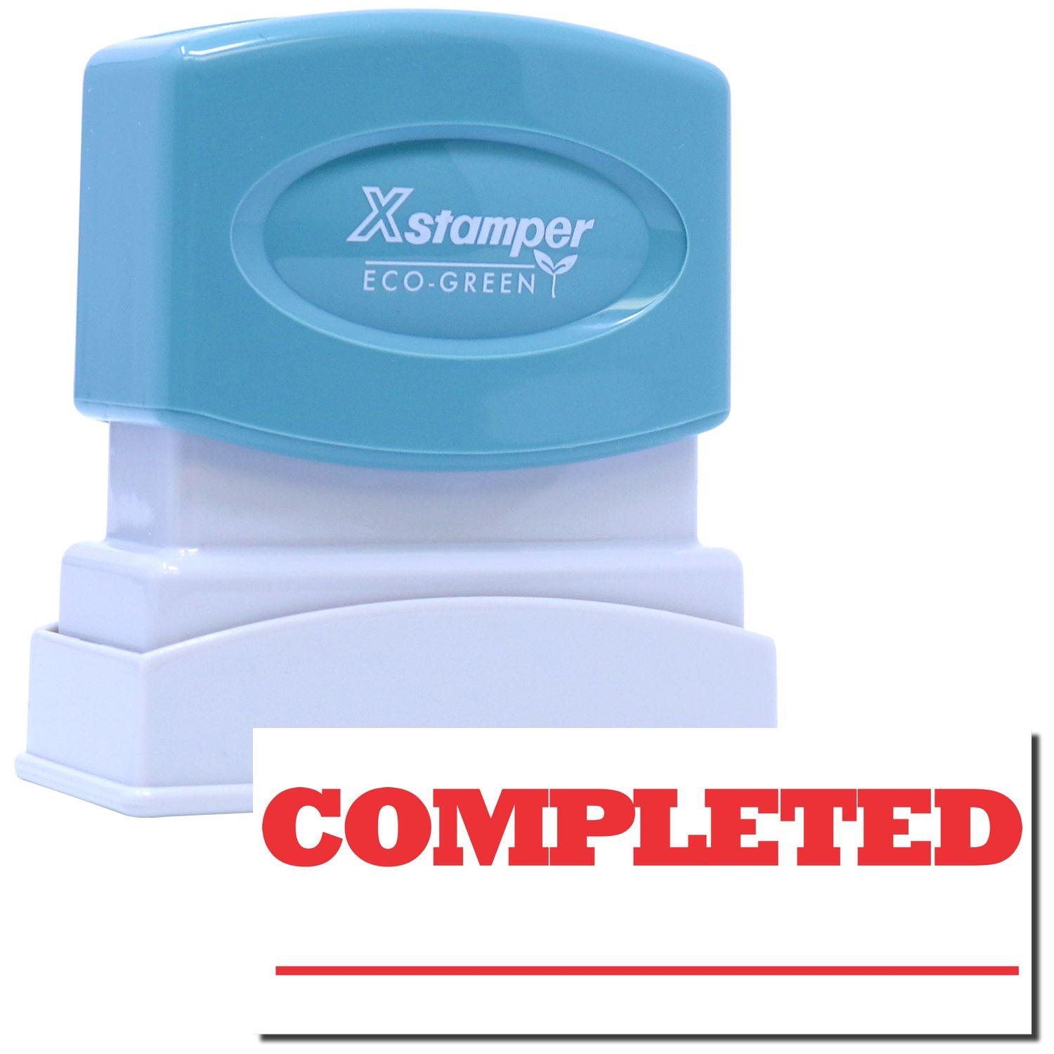 Red Completed Xstamper Stamp with blue handle and white base, featuring the word COMPLETED in bold red letters on a white background.