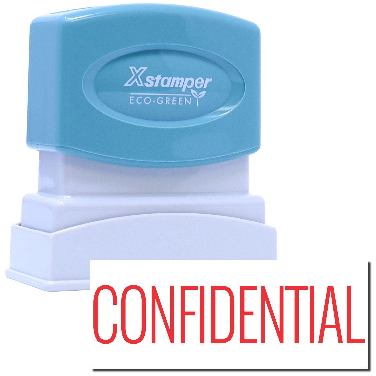 Red Confidential Xstamper Stamp with blue handle and white base, imprinting the word CONFIDENTIAL in red text.