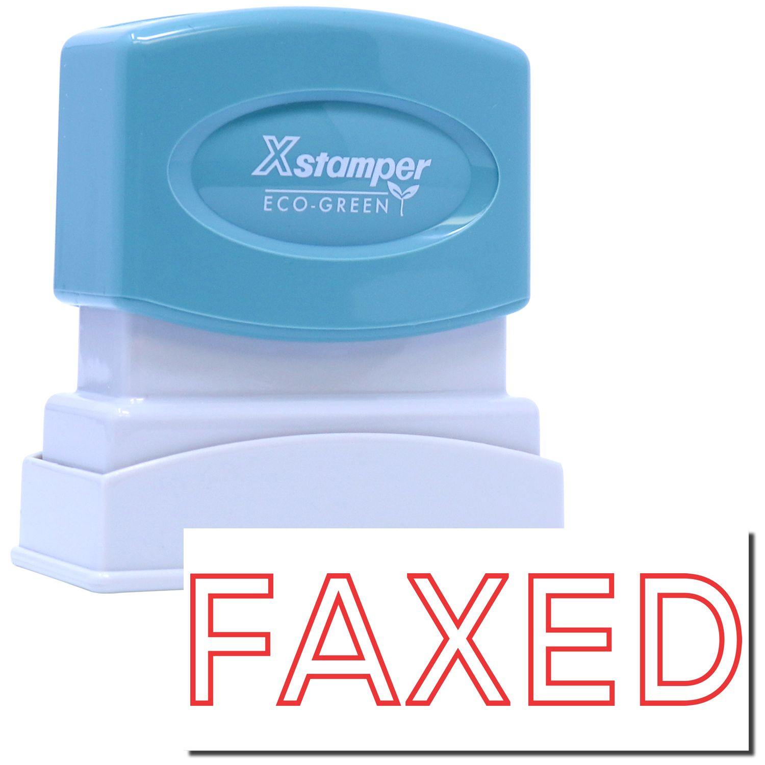 Red Faxed Xstamper Stamp with a blue handle and white base, shown next to a red FAXED imprint.