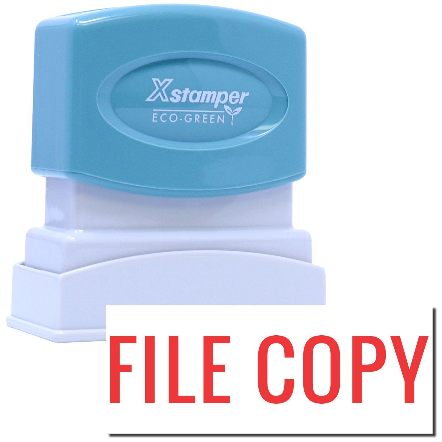 Red File Copy Xstamper Stamp with a blue top and white base, featuring the text FILE COPY in bold red letters.