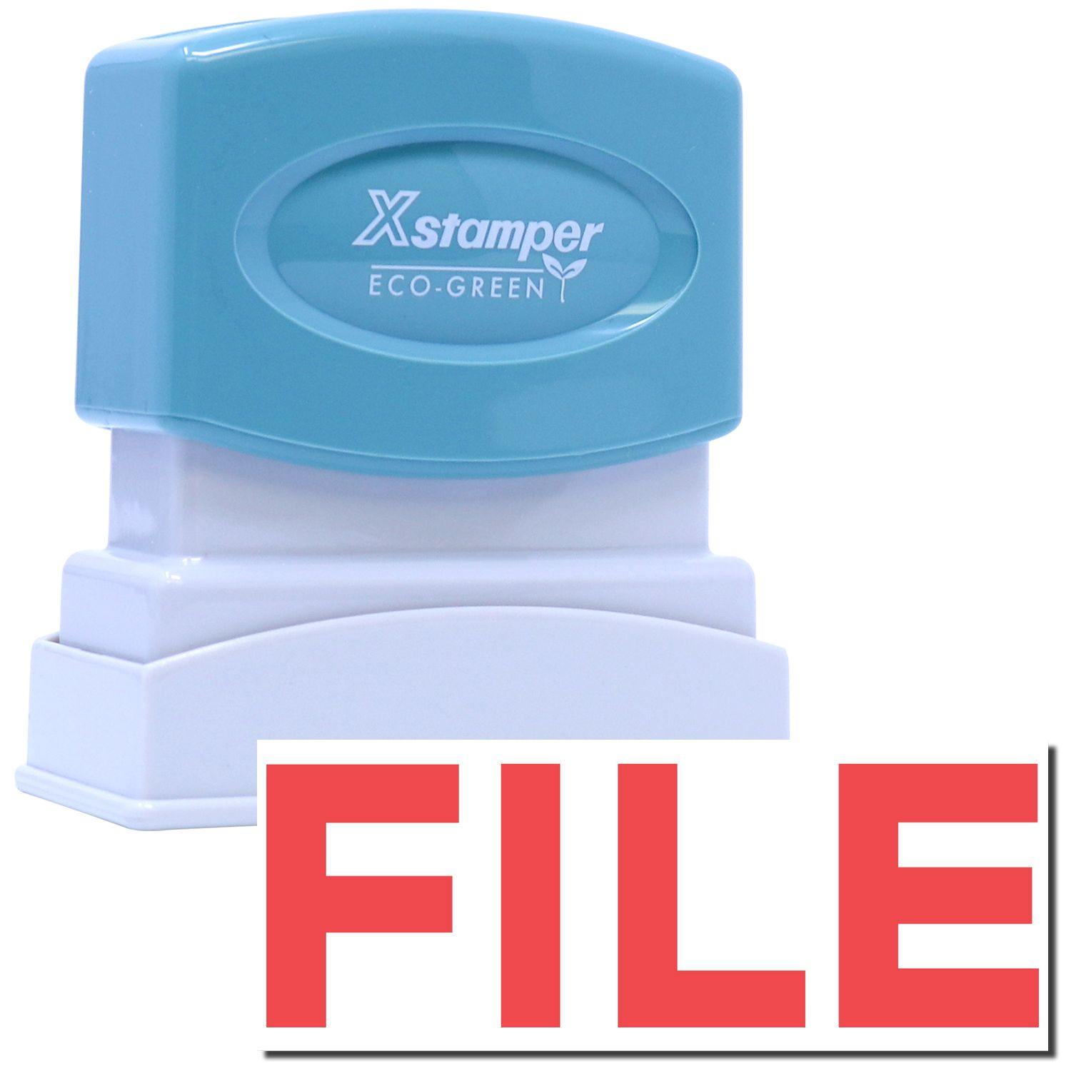 An xstamper stamp with a stamped image showing how the text "FILE" in red color is displayed after stamping.