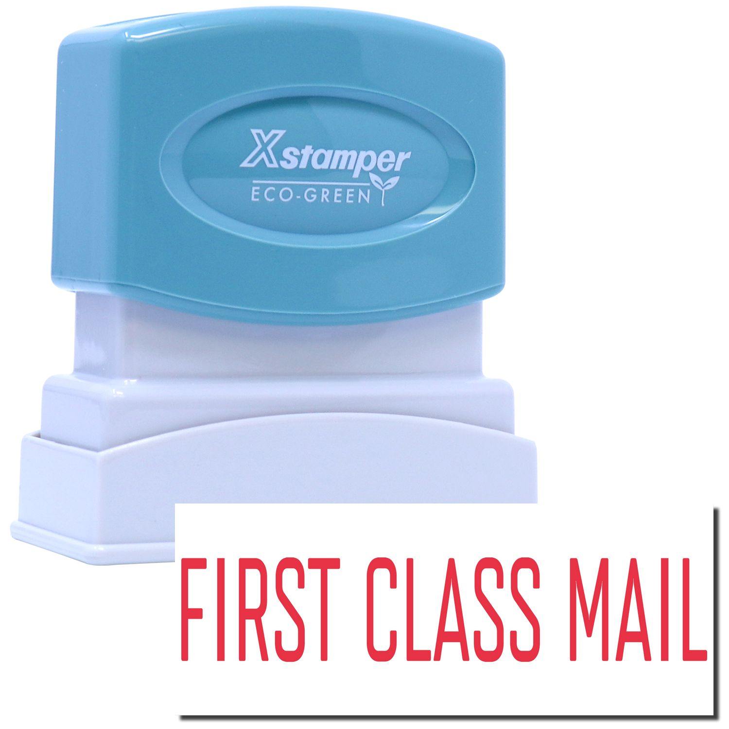 Red First Class Mail Xstamper Stamp with a blue handle and white base, featuring the text FIRST CLASS MAIL in red.