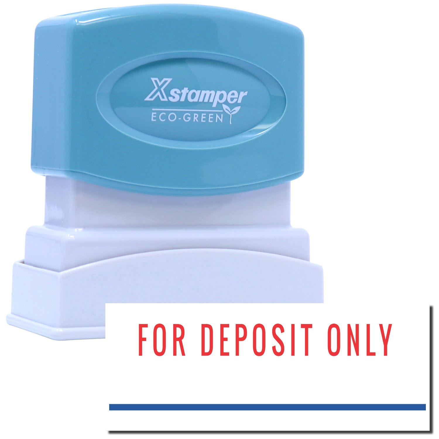 Two-Color For Deposit Only Xstamper Stamp with a blue top and white base, featuring red FOR DEPOSIT ONLY text on a white background.