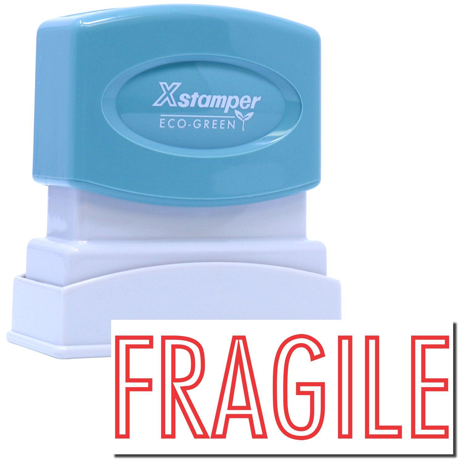 Red Fragile Xstamper Stamp with a blue handle and white base, featuring the word FRAGILE in bold red letters.
