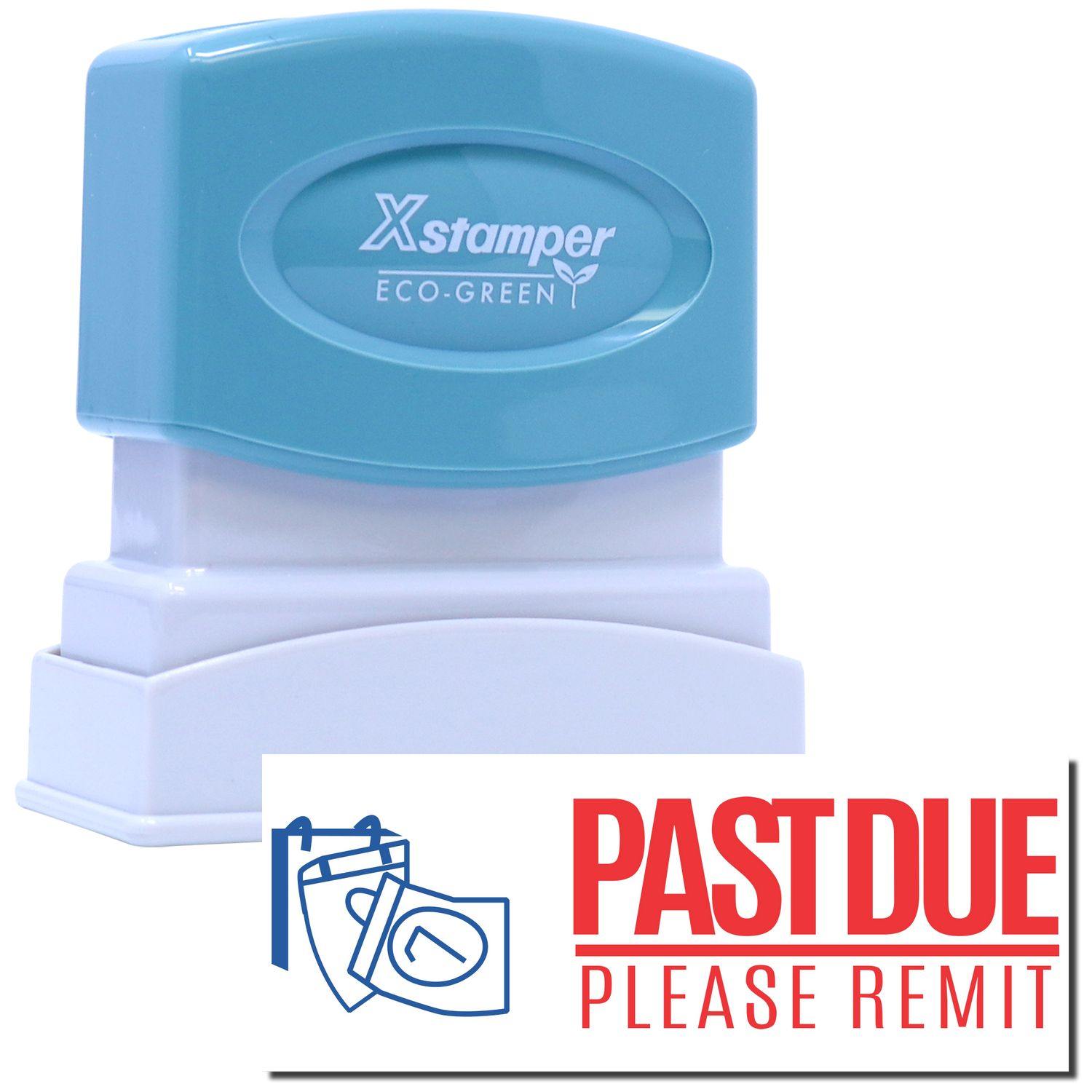 Two-Color Red Past Due Please Remit Xstamper Stamp with blue top and white base, showing PAST DUE PLEASE REMIT in red text.
