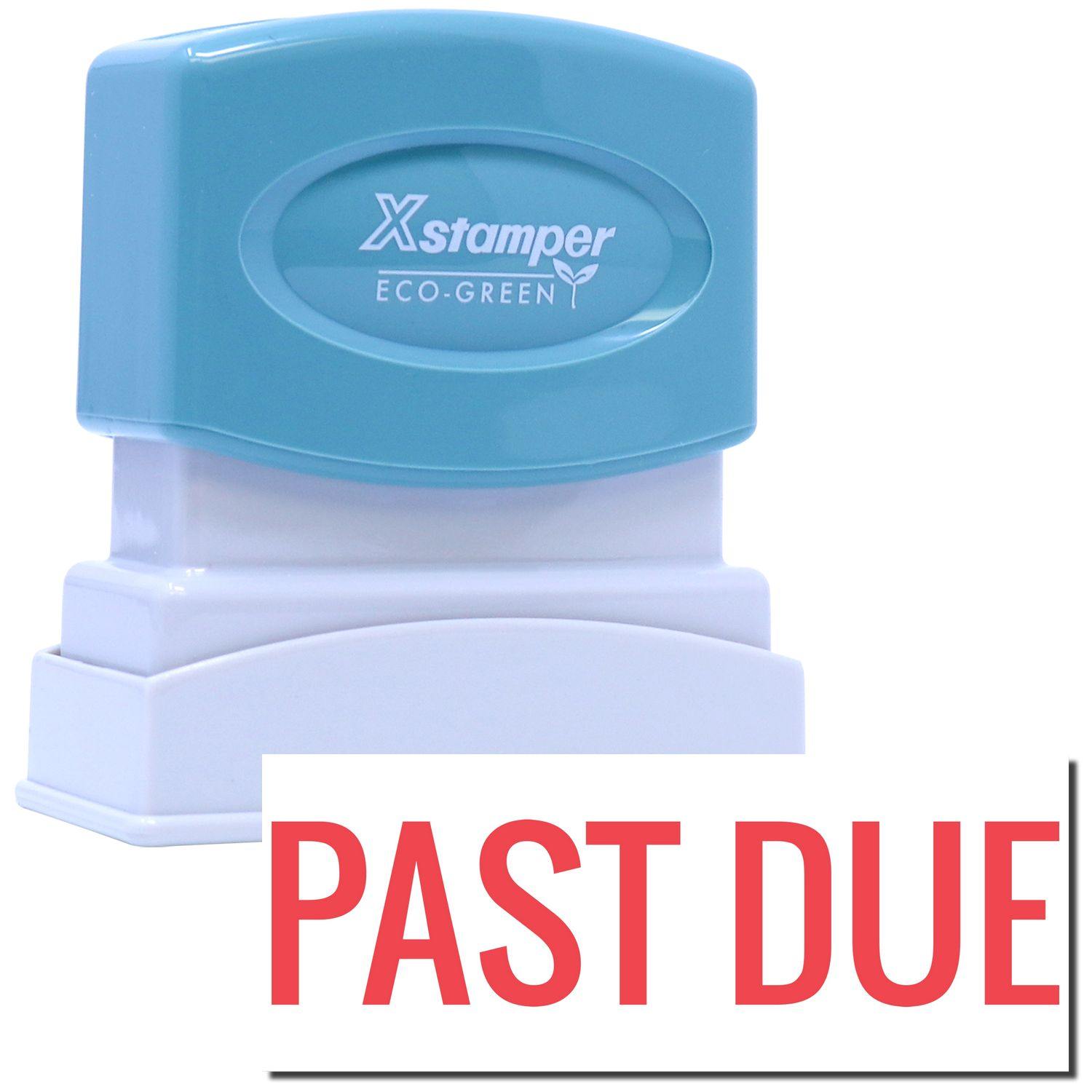 Red Past Due Xstamper Stamp with a blue handle and white base, showing the PAST DUE imprint in bold red letters.