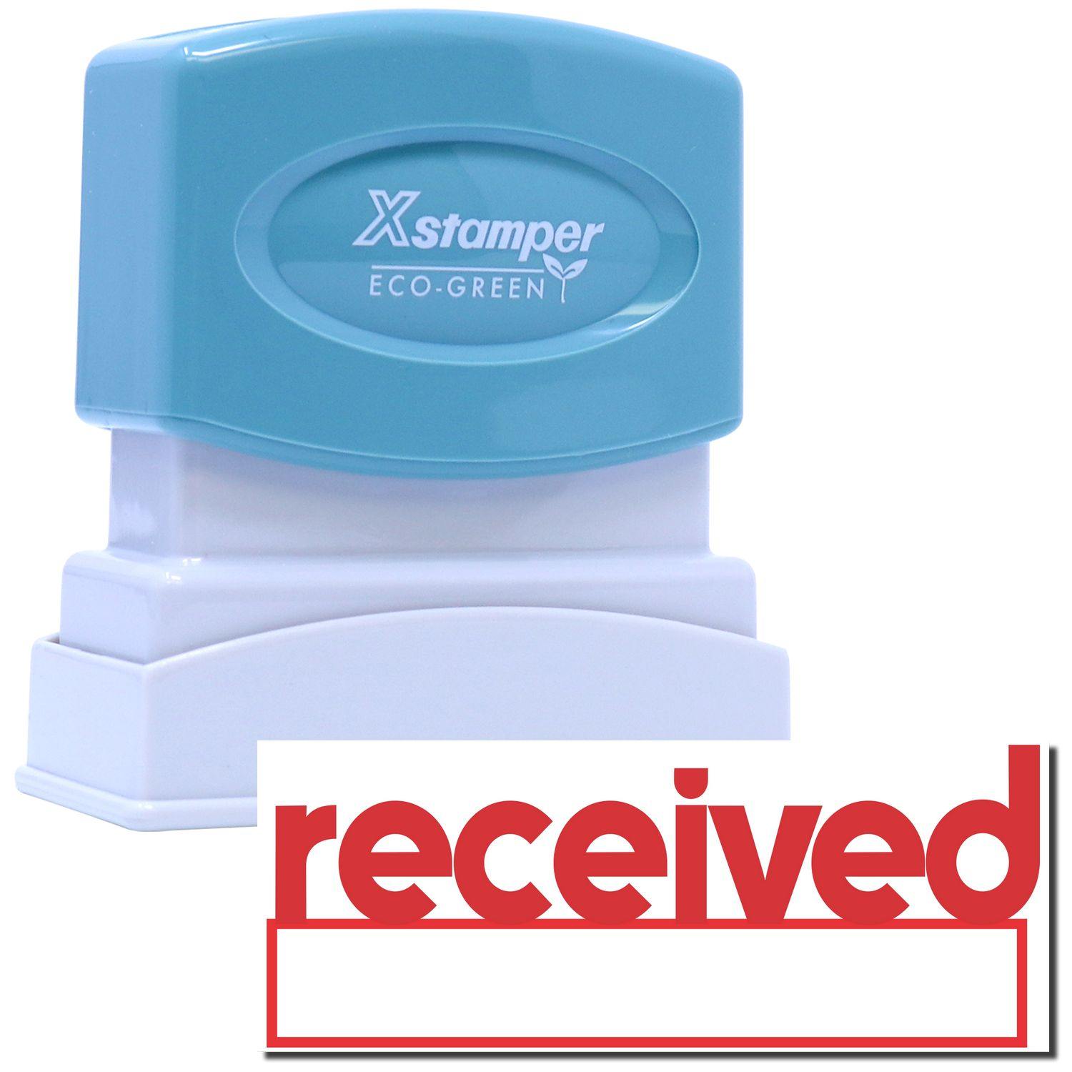 Red Received Xstamper Stamp with blue top and white base, showing the word received in bold red letters.