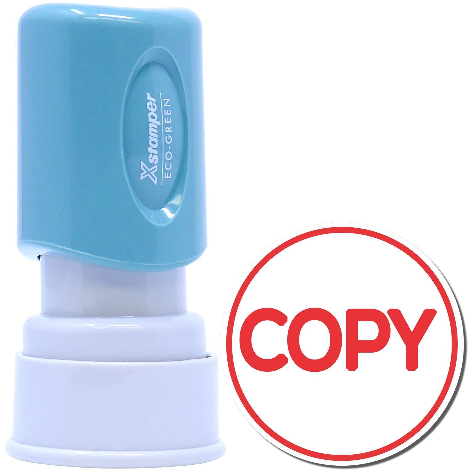 Round Red Copy Xstamper Stamp with a blue handle and white base, next to a red COPY imprint in a circle.