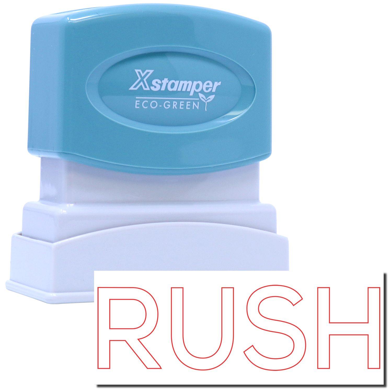 Red Rush Xstamper Stamp with a blue top and white base, featuring the word RUSH in bold red letters at the bottom.