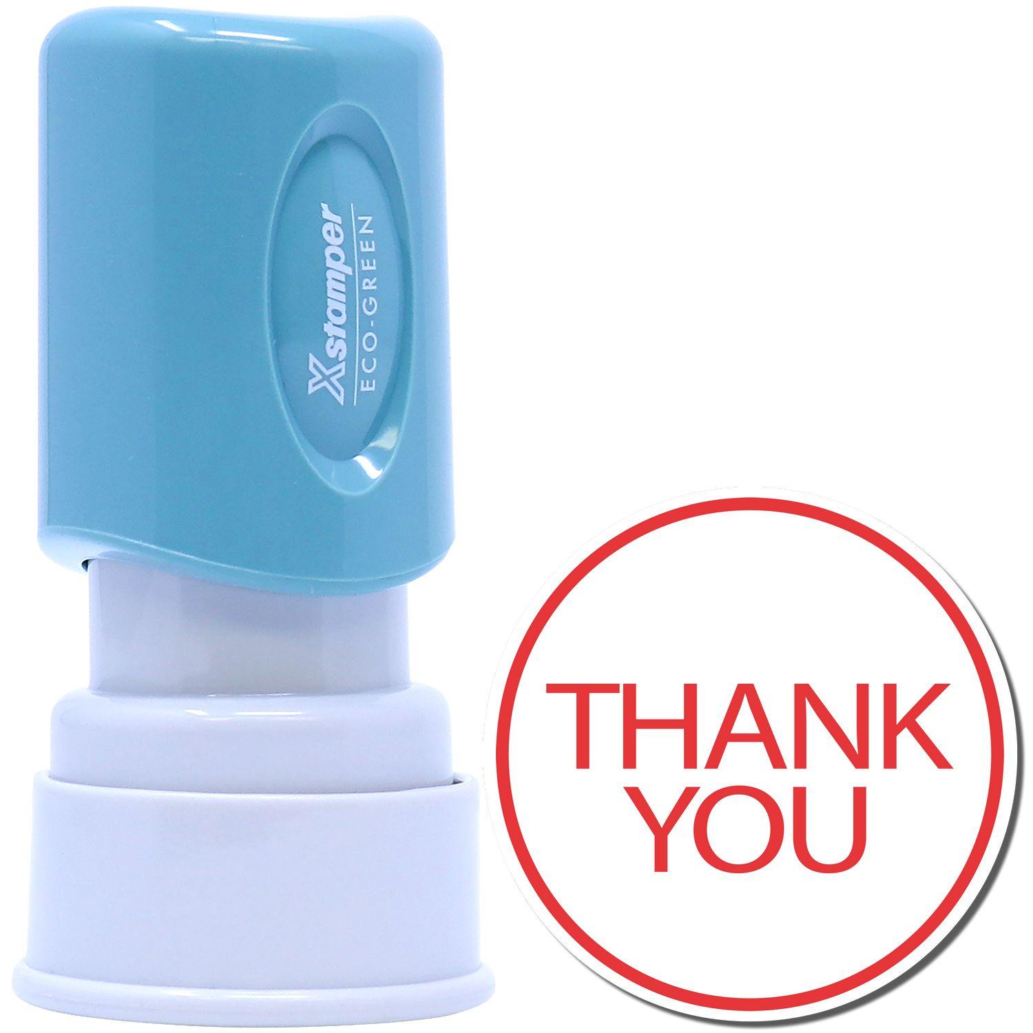 Round Red Thank You Xstamper Stamp with a blue handle and white base, next to a red THANK YOU imprint inside a red circle.