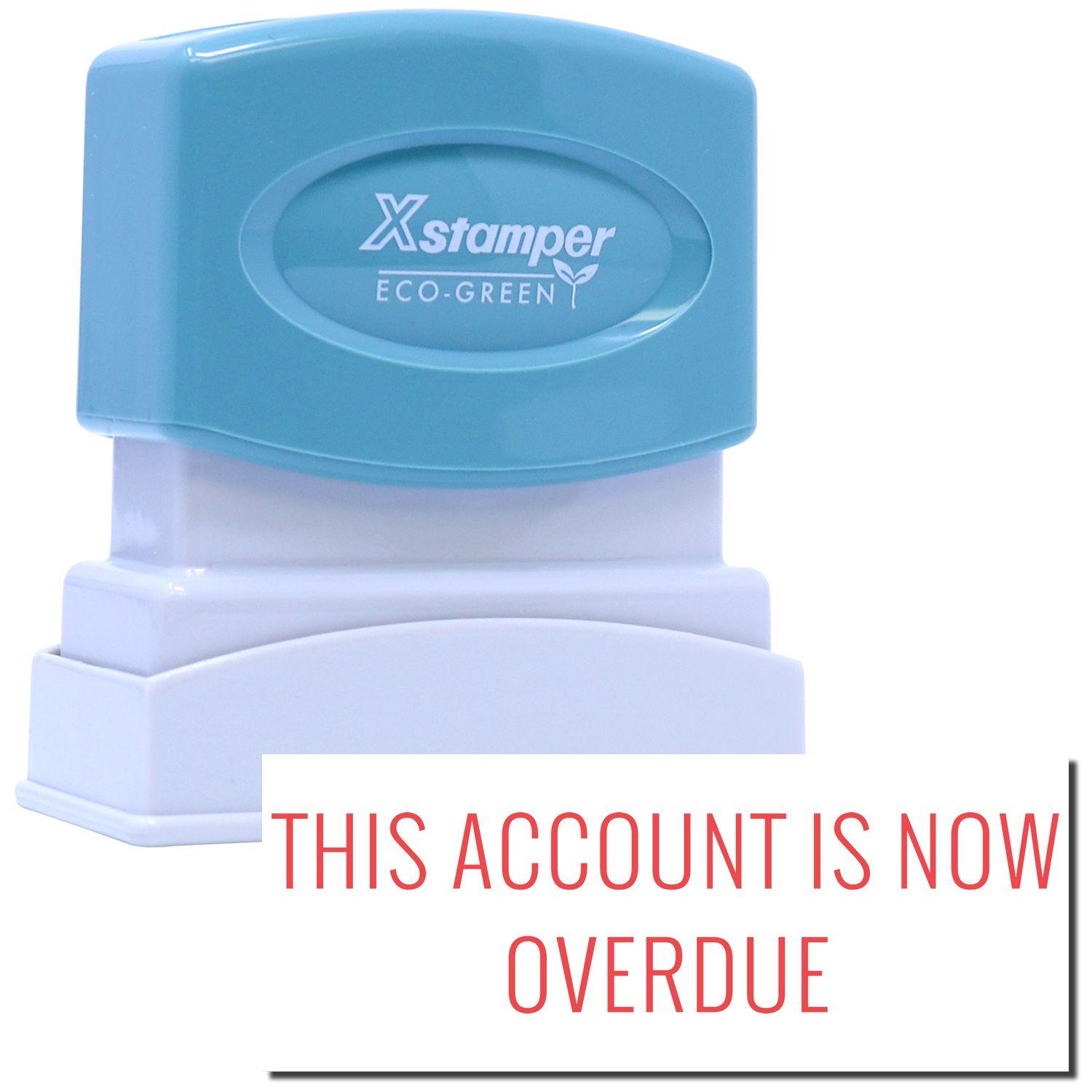 Red This Account Is Now Overdue Xstamper Stamp with a blue handle and white base, featuring red text indicating overdue status.