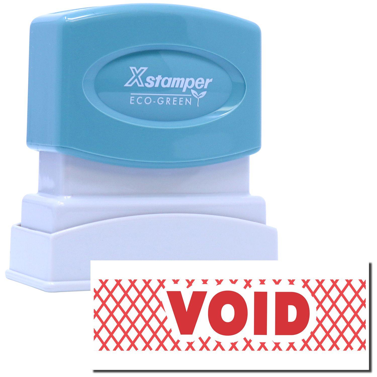 An xstamper stamp with a stamped image showing how the text VOID in a red font with cross (x) signs all around it is displayed after stamping.