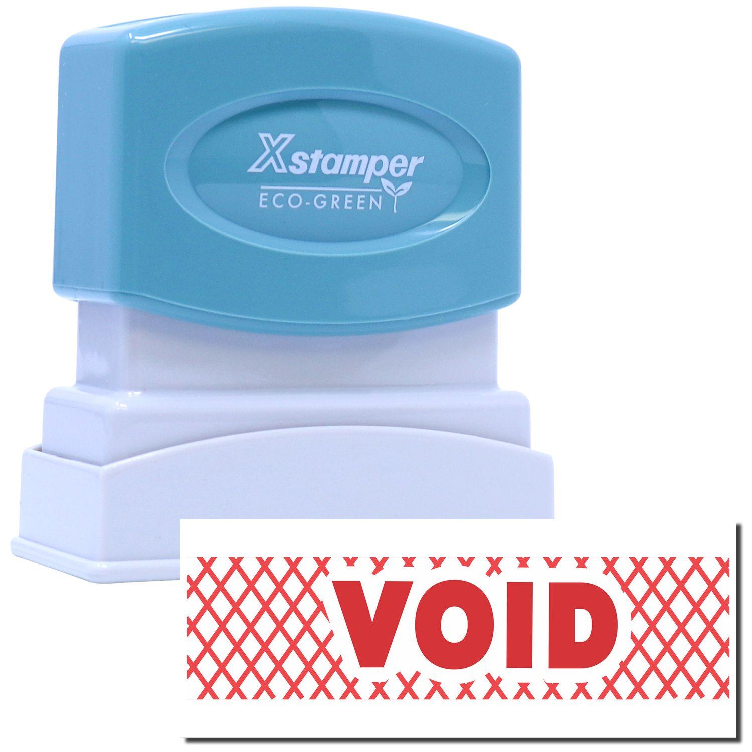 An xstamper stamp with a stamped image showing how the text "VOID" in a red font with cross (x) signs all around it is displayed after stamping.