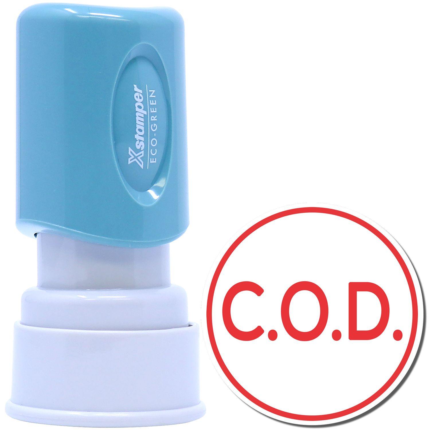 Round C.O.D. Xstamper Stamp with blue handle and red C.O.D. text in a circle on a white background.
