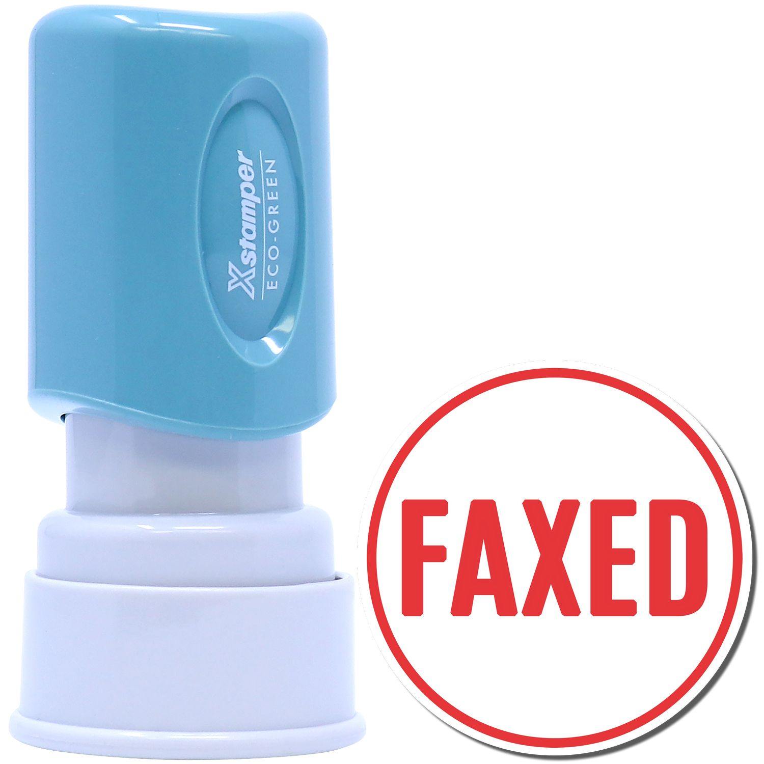 Round Faxed Xstamper Stamp with a blue handle and red FAXED text in a circular design.