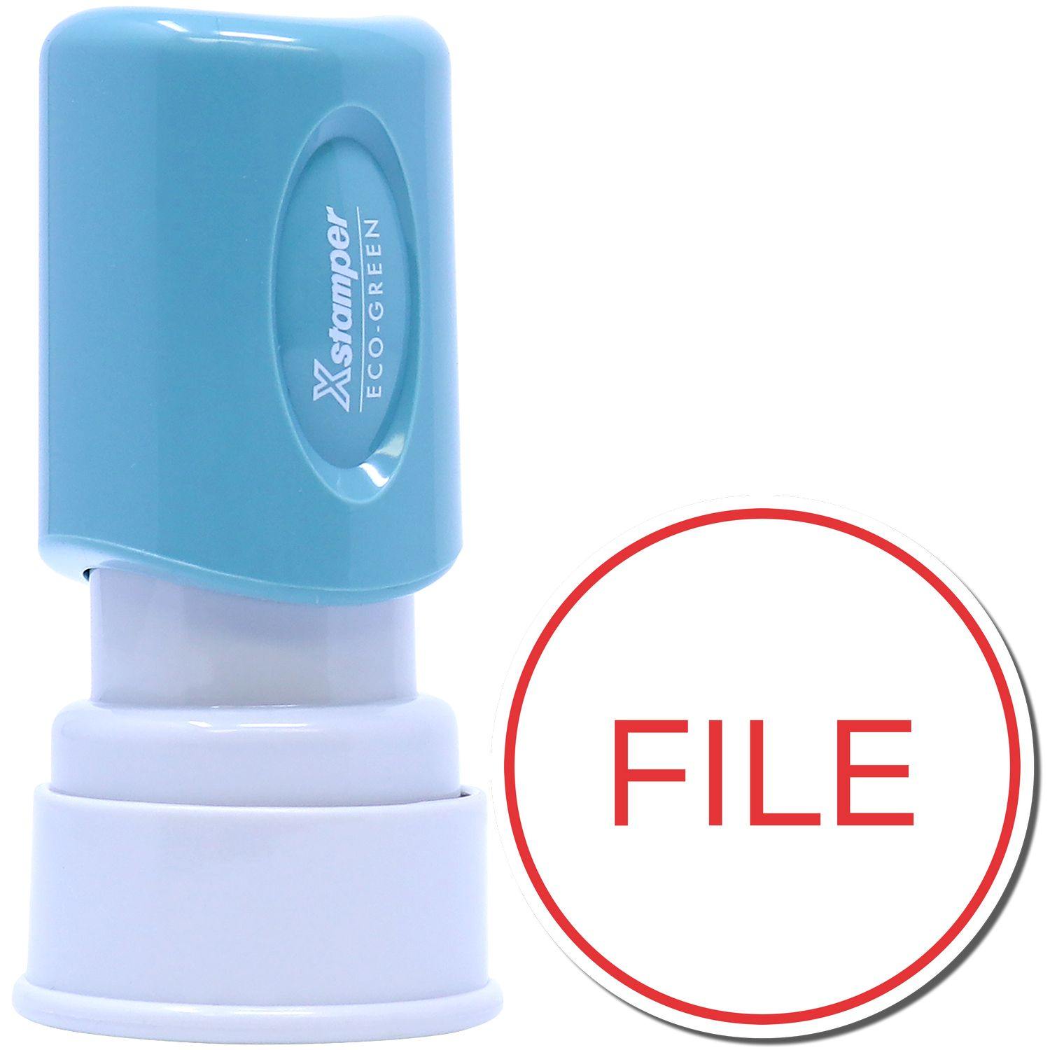 Round File Xstamper Stamp with a blue handle and white base, next to a red circle with the word FILE inside.