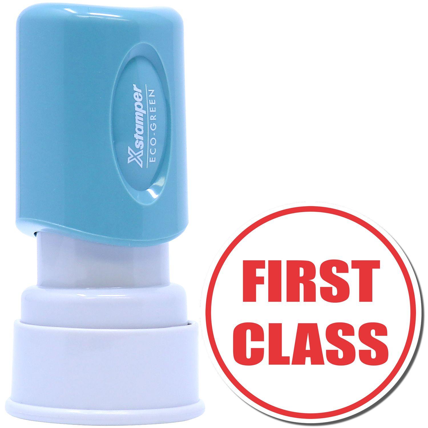 Round First Class Xstamper Stamp with a blue handle and white base, next to a red FIRST CLASS imprint in a circle.