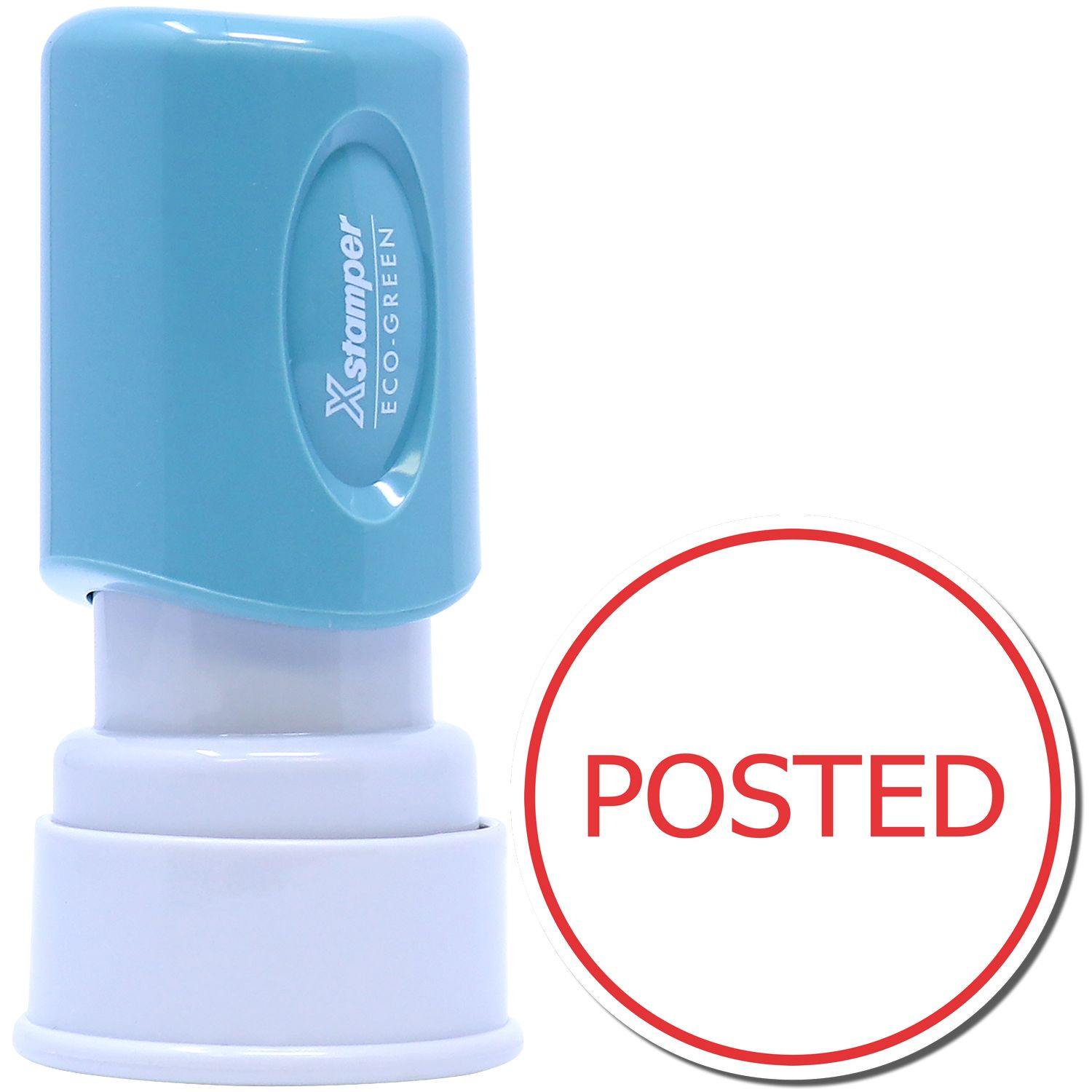 Round Posted Xstamper Stamp with a blue handle and white base, next to a red POSTED imprint in a circle.