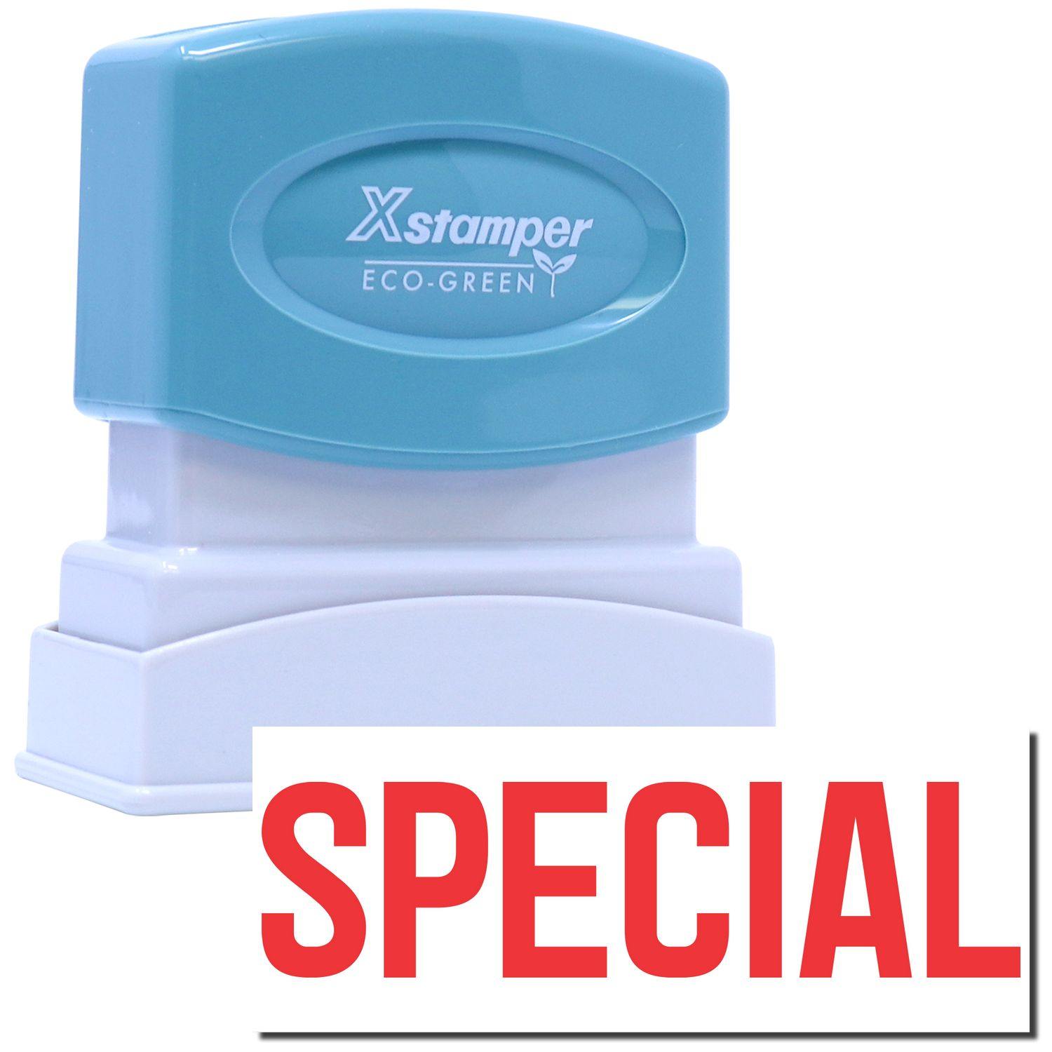 Special Xstamper Stamp with a blue top and white base, labeled ECO-GREEN. The word SPECIAL is prominently displayed in red text.