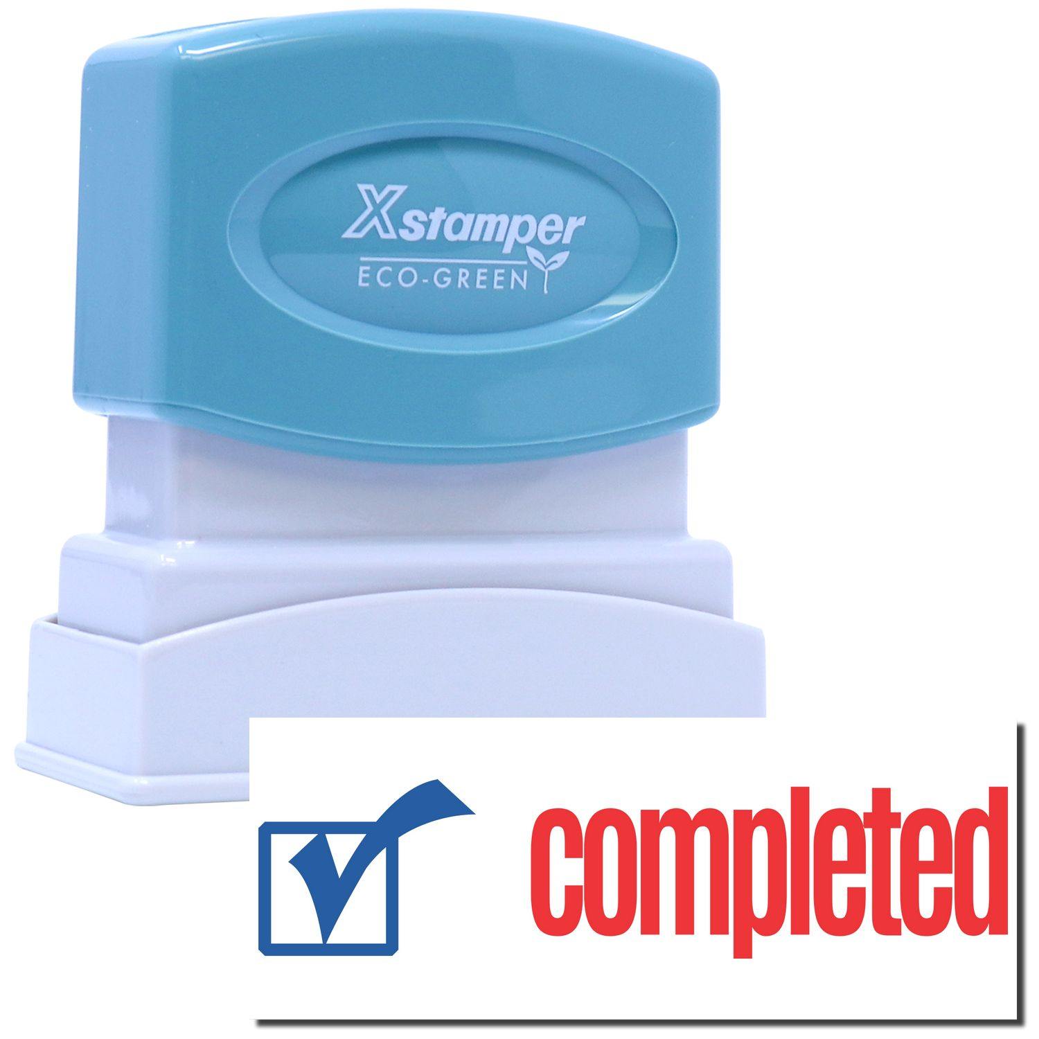 Two-Color Completed Xstamper Stamp with a blue checkmark and red completed text, featuring a blue and white eco-friendly design.