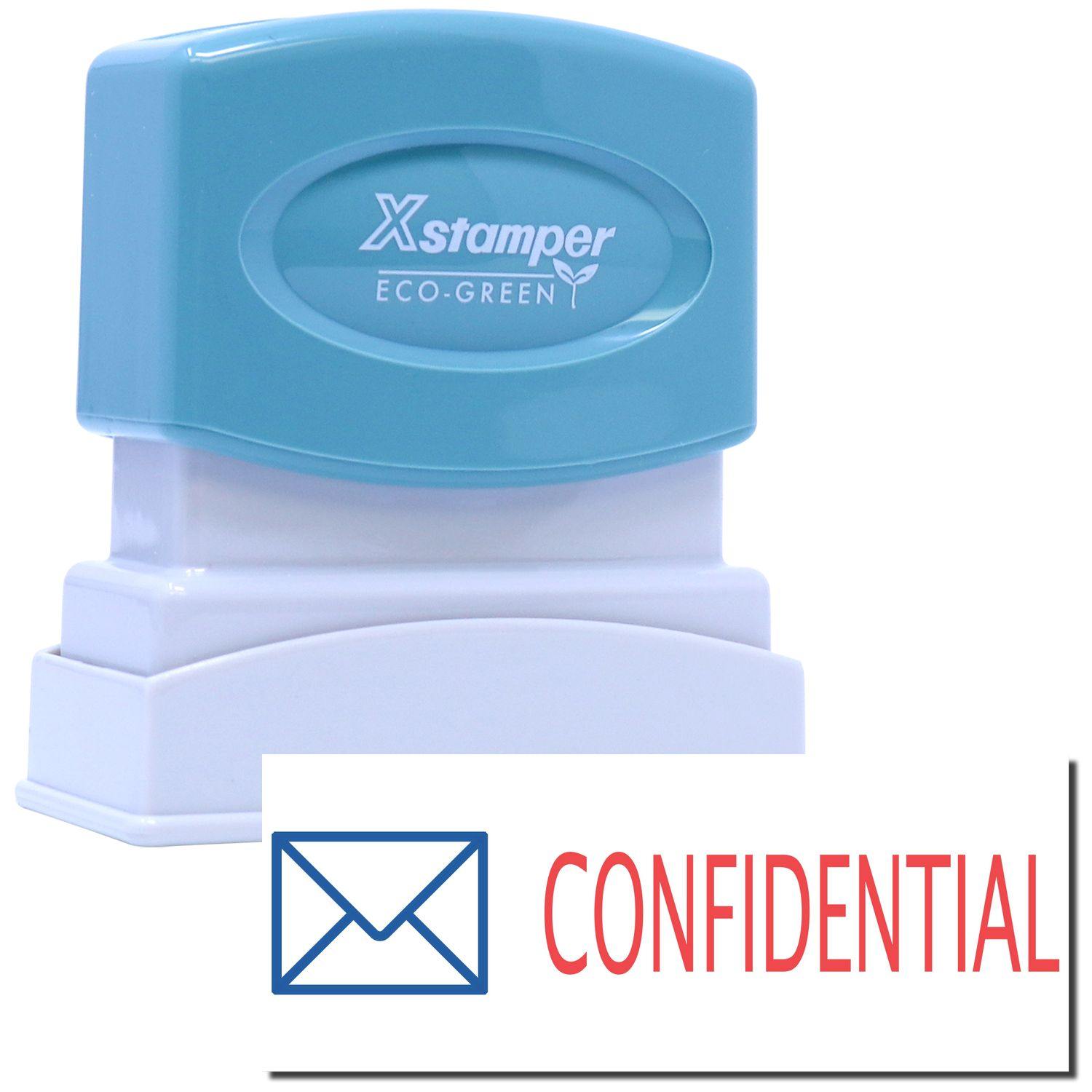 Two-Color Confidential Xstamper Stamp with blue and red ink, featuring a blue casing and CONFIDENTIAL text with an envelope icon.