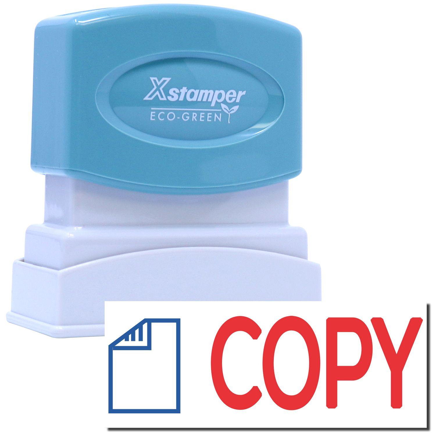Two-Color Copy Xstamper Stamp with a blue top and white base, featuring a red COPY imprint and a document icon.