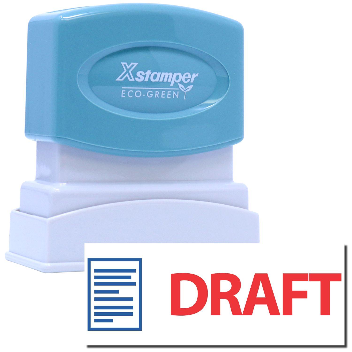 Two-Color Draft Xstamper Stamp with a blue and white design, featuring the word DRAFT in red and a blue document icon.