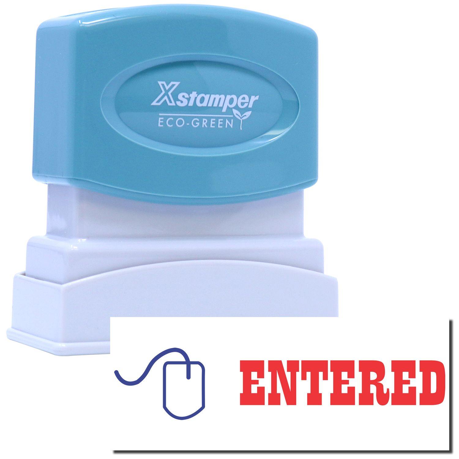 Two-Color Entered Xstamper Stamp with a blue top and white base, showing the word ENTERED in red next to a mouse icon.