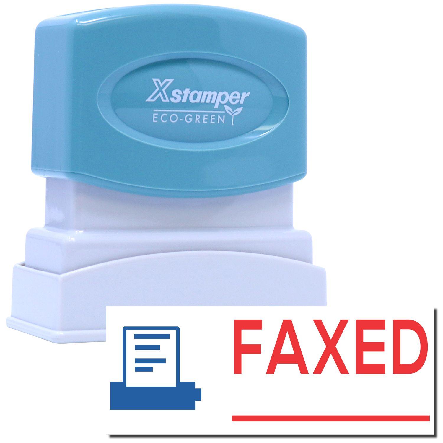 Two-Color Faxed Xstamper Stamp with a blue top and white base, next to a FAXED imprint in red with a blue document icon.
