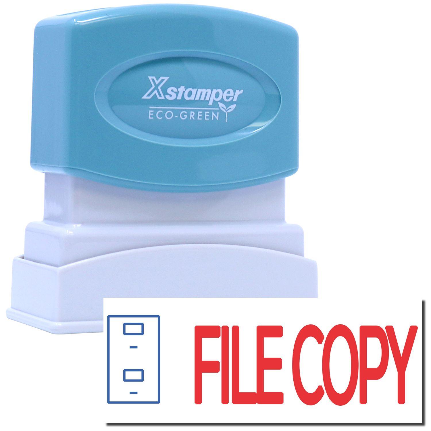 Two-Color File Copy Xstamper Stamp with a blue and white body, featuring a FILE COPY imprint in red and an icon of a file cabinet.